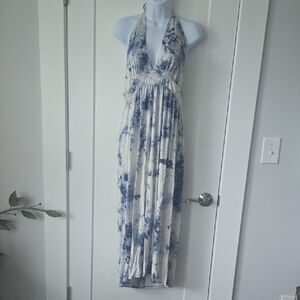 Blue and White Pleated Halter Maxi Dress